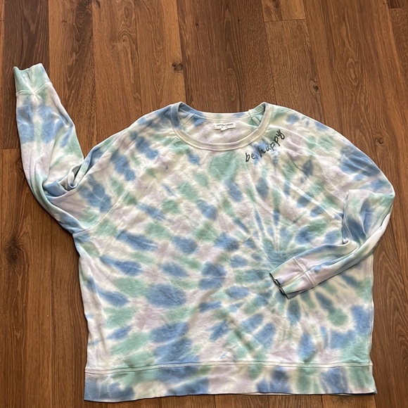 Anthro Be Happy Graphic Sweatshirt Grayson Threads -Blue Green Purple Tie Dye - Picture 2 of 6